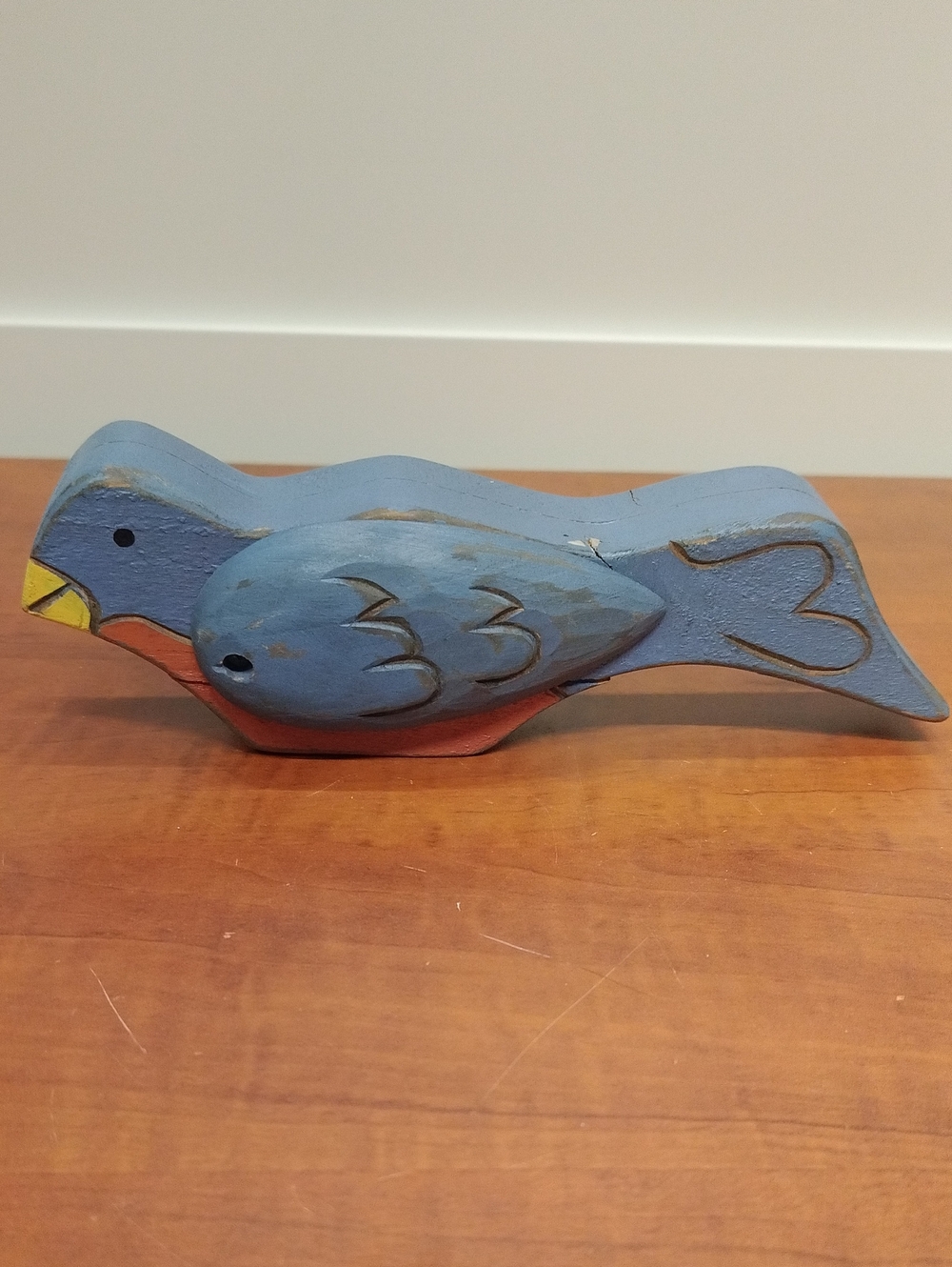 Hand-Carved Wooden Bird Box  Figurine in Blue and Orange